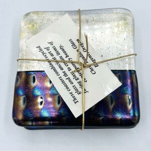 Chris Paulson Glass Coaster Clear & Black Iridized Cobalt Set Of 4 NEW 3.5”